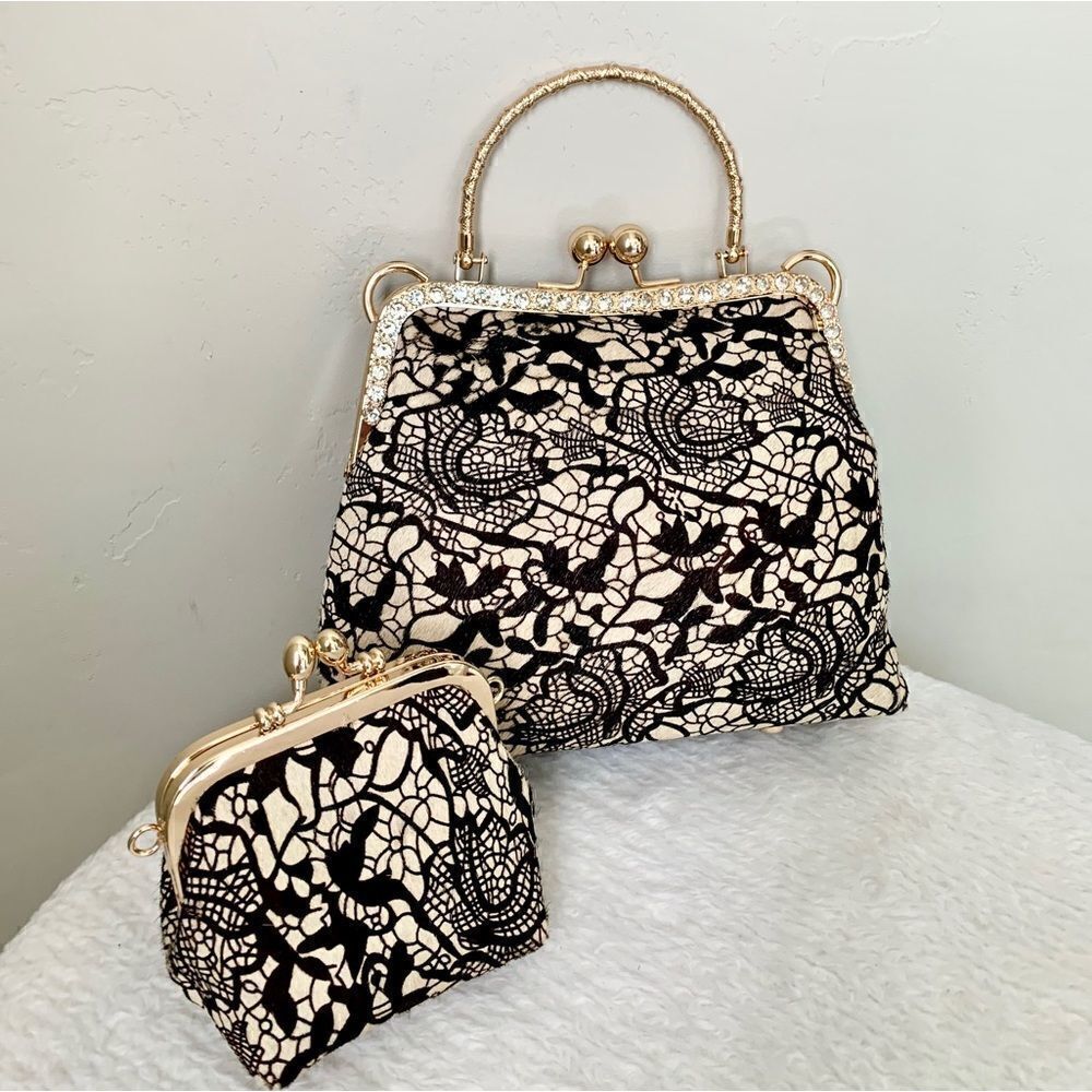 Handmade Real Hair-on-horsehide Black Lace Print Kisslock Bag & Small Purse Set